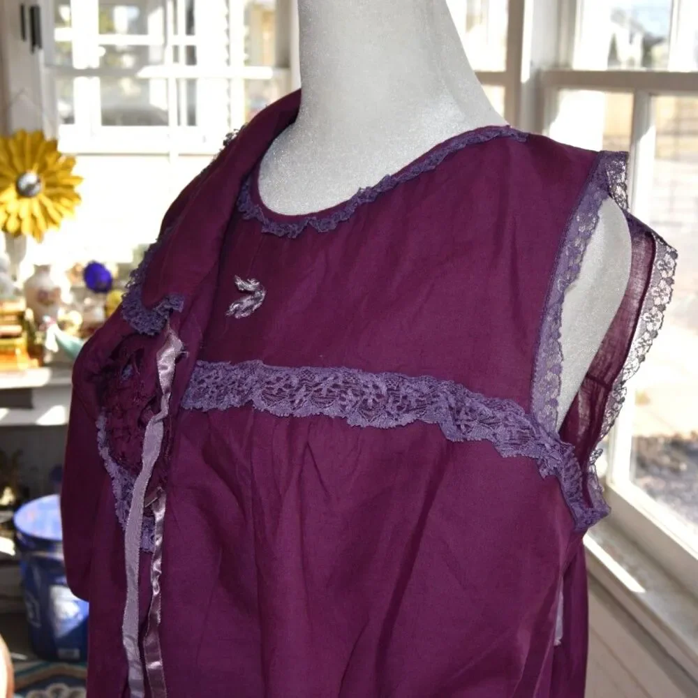 Vintage 40s 50s Sheer Plum Peignoir Set Lace Ribbon Mid Century Loungewear Med